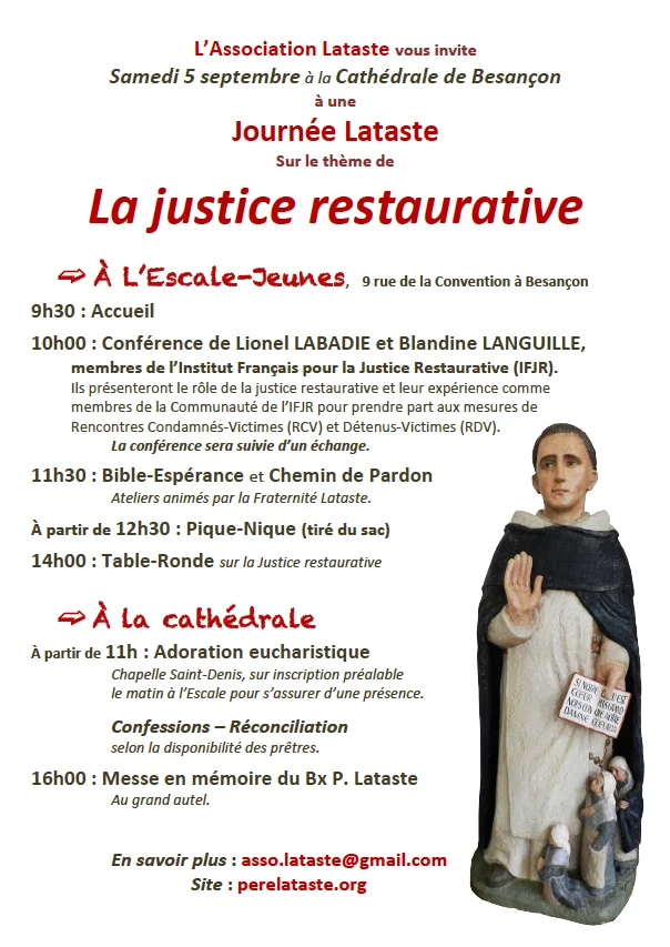 Affiche d'invitation de l'Association Lataste pour la Journée du 5 septembre à Besançon sur la justice restaurative, illustrée par une statue du Père Lataste.